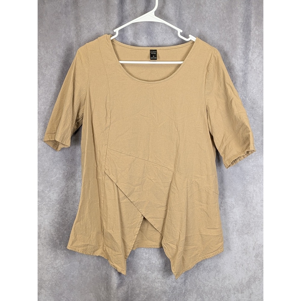 Emery Rose Tan Khaki Asymmetric Layered Blouse Short Sleeve Scoop Neck SM -C154
